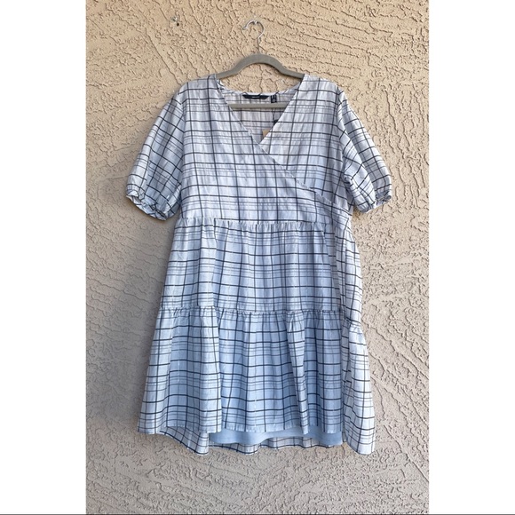 VERO MODA NWT Blue Windowpane Plaid Tiered Checkered Checked Surplice Dress - Picture 3 of 10